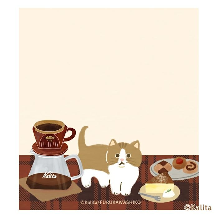 Furukawashiko x Kalinta Memo Pad - Brown Coffee Illustration of a cat with coffee-making equipment and food on a checkered tablecloth, featuring the Kalita brand.