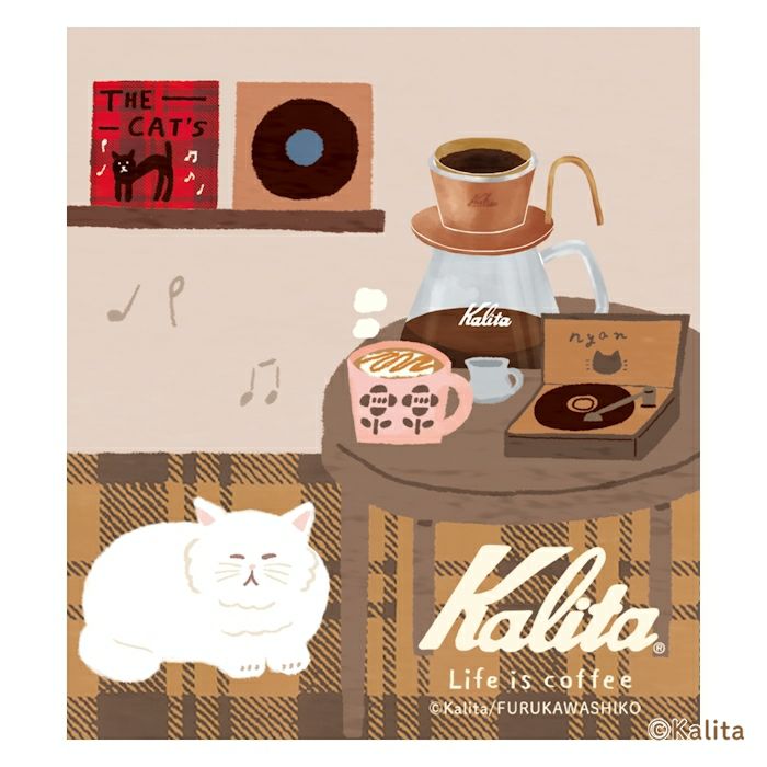 Furukawashiko x Kalinta Memo Pad - Caramel Coffee Illustration of a cat sitting next to a coffee setup with 'Kalita' branding.