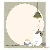 Furukawashiko x Kalinta Memo Pad - White Coffee Illustration of a cat under a lamp with a tea cup on a light green background