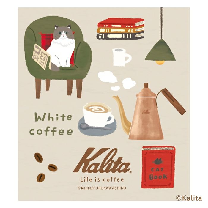 Furukawashiko x Kalinta Memo Pad - White Coffee Illustration of a cat on a chair with coffee-making items and 'Kalita' branding.
