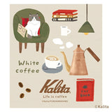 Furukawashiko x Kalinta Memo Pad - White Coffee Illustration of a cat on a chair with coffee-making items and 'Kalita' branding.