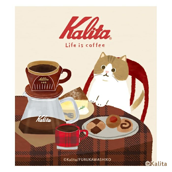 Furukawashiko x Kalinta Memo Pad - Brown Coffee Kalita coffee product packaging with a cat illustration and 'Life is coffee' text.
