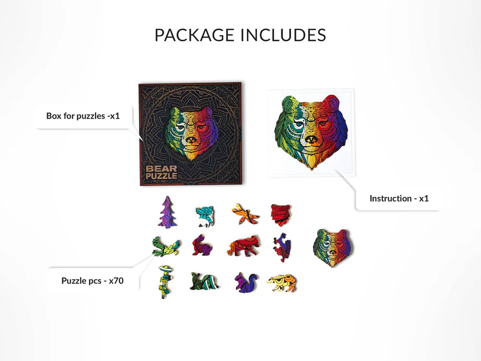 The Bear Shaped Jigsaw Pieces Wooden Puzzle is a unique and challenging puzzle that is perfect for people of all ages. The puzzle consists of 70 irregular wooden pieces that are shaped like a bear.