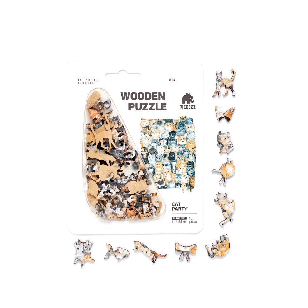 Get ready for a feline fiesta with our Cat Party Pocket Size Piecezz Wooden Puzzle. This charming wooden puzzle invites both kids and adults to join a whimsical gathering of cats, offering hours of delightful and entertaining play. Explore the details of this remarkable and cat-inspired puzzle that promises to bring joy and laughter to cat lovers of all ages.