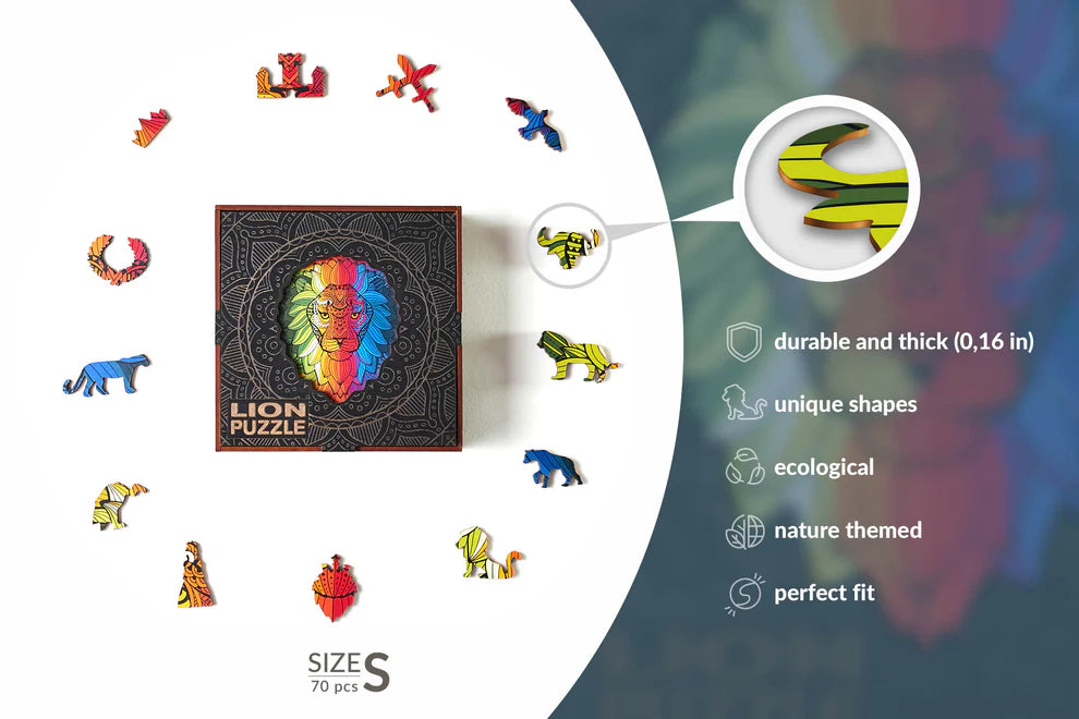 The Lion Shaped Jigsaw Piecezz Puzzle is a small, challenging puzzle that is perfect for noble leaders who are always up for a challenge and not afraid to take risks. The puzzle features 70 small, irregularly shaped pieces that are precision-cut from high-quality wood. The puzzle is shaped like a lion, making it a fun and educational puzzle for children and adults alike.