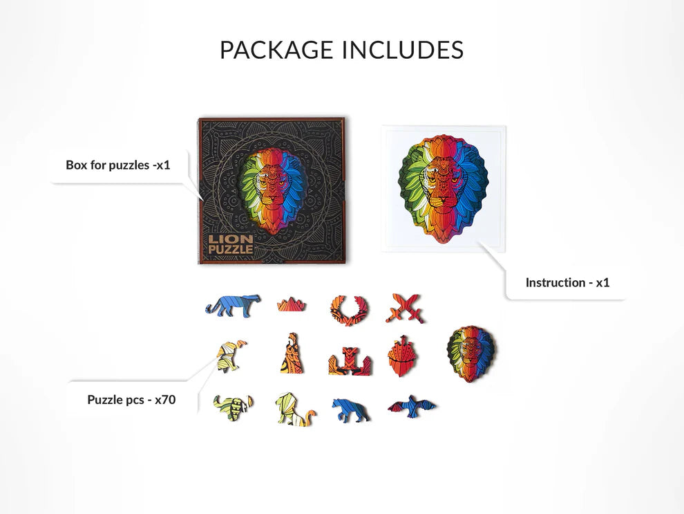 The Lion Shaped Jigsaw Piecezz Puzzle is a small, challenging puzzle that is perfect for noble leaders who are always up for a challenge and not afraid to take risks. The puzzle features 70 small, irregularly shaped pieces that are precision-cut from high-quality wood. The puzzle is shaped like a lion, making it a fun and educational puzzle for children and adults alike.