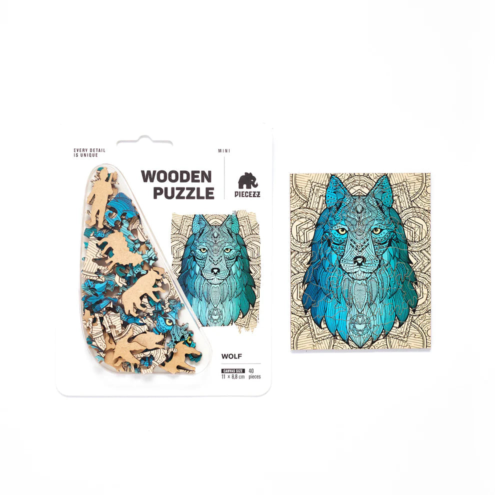 The Wolf Shaped Pocket Size Piecezz Wooden Puzzle is a fun and challenging animal shaped puzzle that is perfect for people .. The puzzle consists of 40 irregular wooden pieces that are shaped like a wolf.