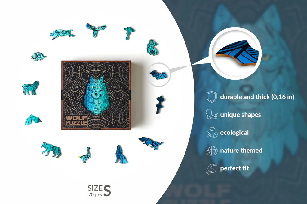 Embark on a thrilling adventure into the world of the wilderness with our Wolf Shaped Jigsaw Pieces Wooden Puzzle. This unique wooden puzzle is a captivating fusion of artistry and the untamed beauty of wolves, designed to enchant both kids and adults. Explore the details of this remarkable animal-shaped puzzle and prepare for hours of exciting play.