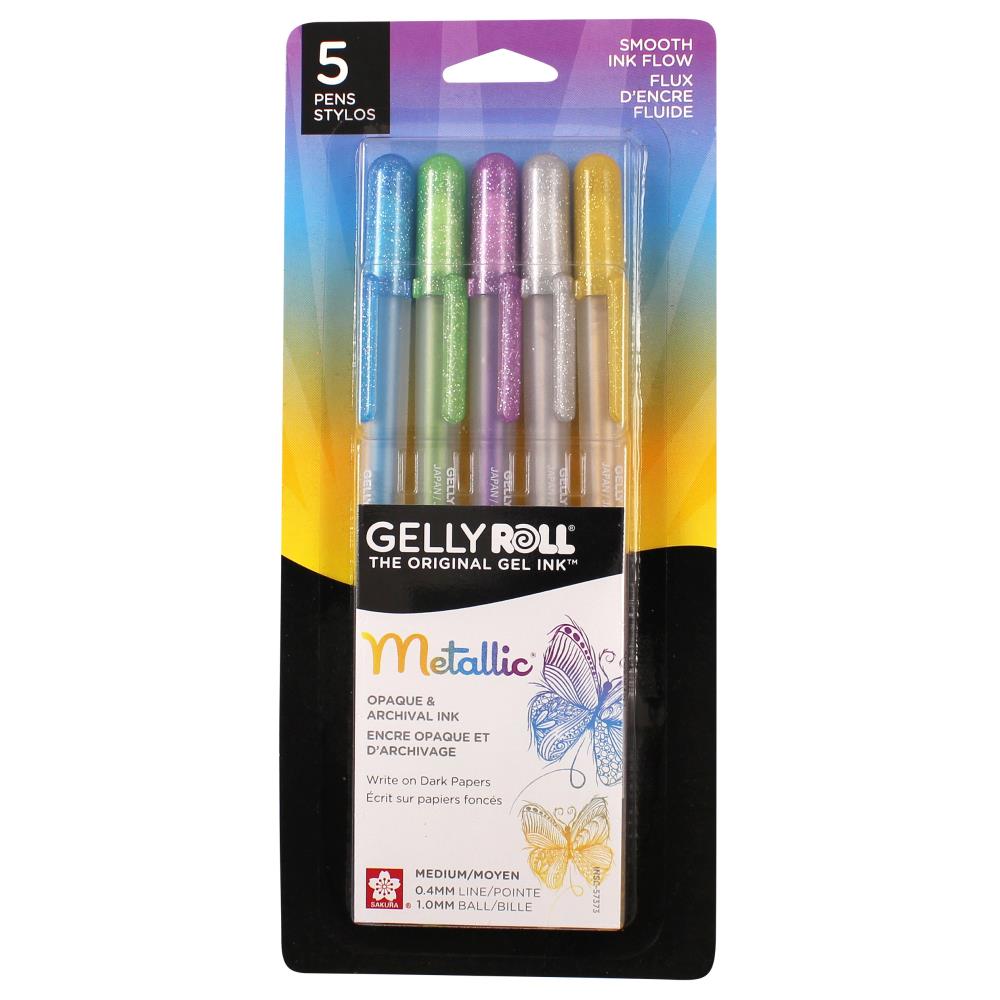Pack of five Sakura Gelly Roll metallic medium point pens in gold, silver, blue, emerald, and purple colors, displayed in retail packaging.