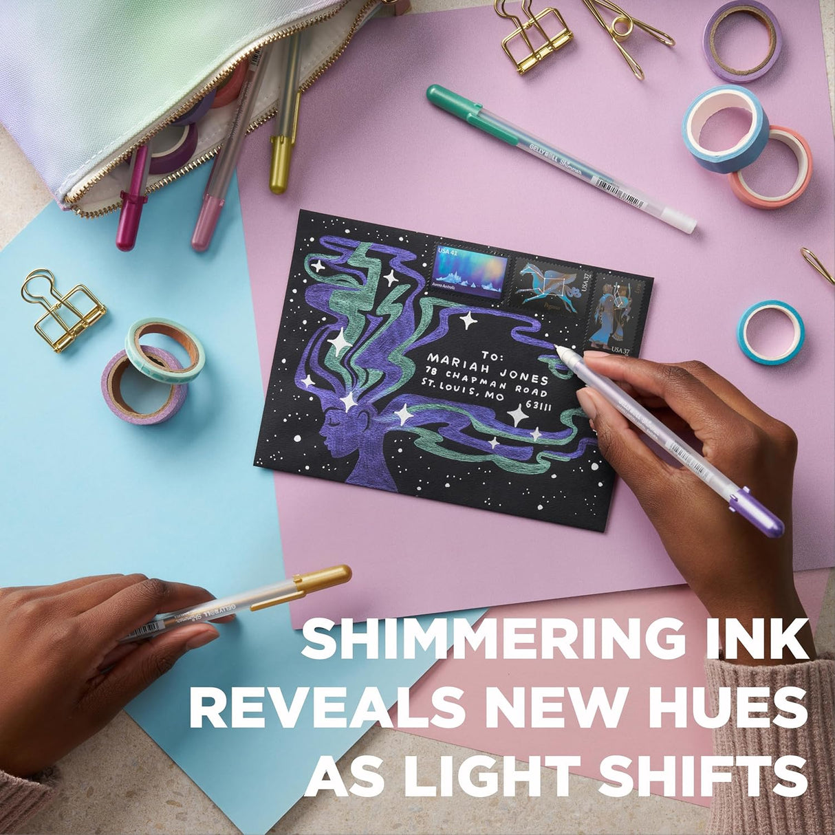 Shimmer’s color-shift gel ink transforms at different angles, revealing new hues as light shifts.


This dynamic ink writes beautifully on white &amp; dark paper, comes in bold tip size, and delivers Gelly Roll®&nbsp;‘s&nbsp;signature smooth writing every time. Perfect to add a magical twist to card making, scrapbooks, journals, notes,&nbsp;crafts and more!

Experience our mesmerizing GELLY ROLL®&nbsp;SHIMMER ink in 6 multidimensional shades: Copper, Pink, Fresh&nbsp;Green, Aqua Green, Purple, Red Violet.

