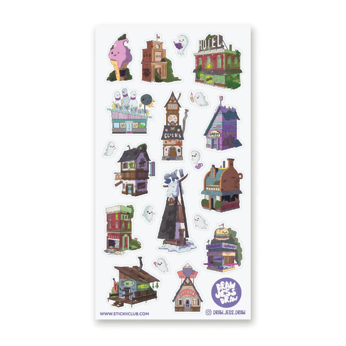 Create your own ghost town, complete with some little happy haunts!

Art by: @draw.jess.draw

Top Coating: None

Adhesive Layer: PVC (plastic)

Backing Layer: Clear PET

6.69" x 3.54". Weight - 0.03lbs.

1 sheet included
