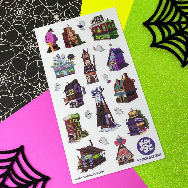 Create your own ghost town, complete with some little happy haunts!

Art by: @draw.jess.draw

Top Coating: None

Adhesive Layer: PVC (plastic)

Backing Layer: Clear PET

6.69" x 3.54". Weight - 0.03lbs.

1 sheet included