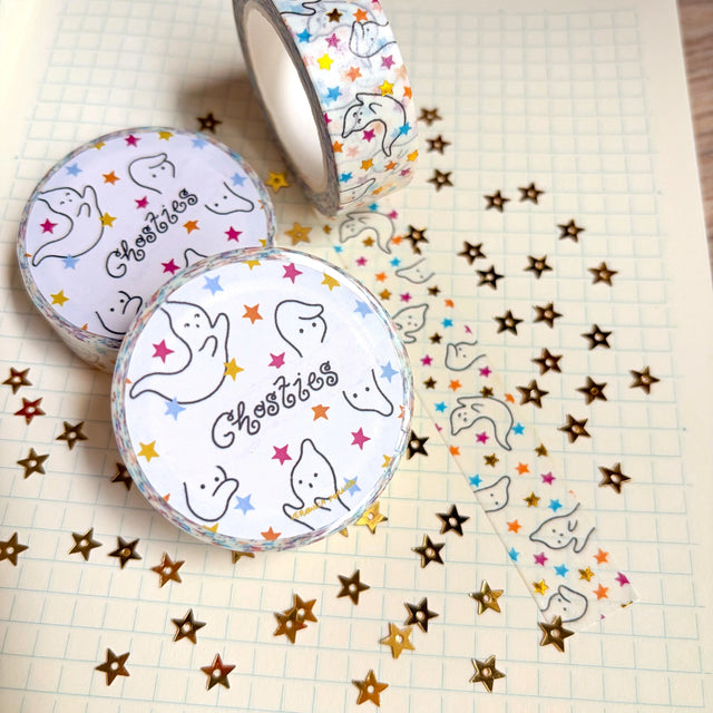 Add some color to your journal and crafts with this cute gold foiled ghostie washi tape designed by Veronica!

Perfect for crafts, journaling, snail mail, and more.

Size: 15mm x 10m
