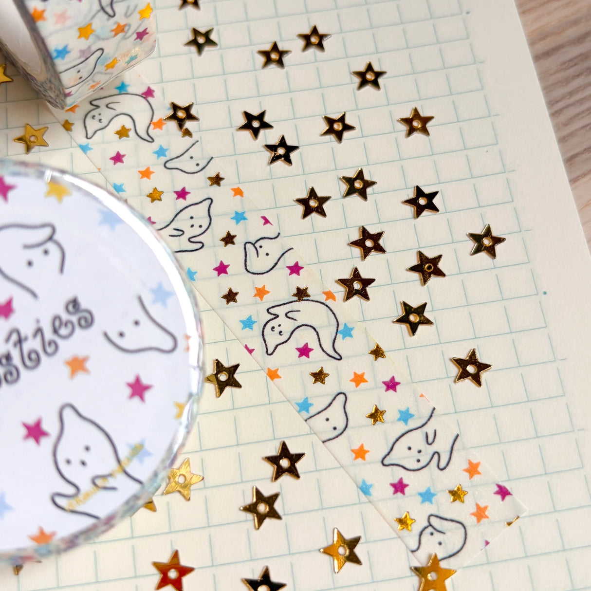 Add some color to your journal and crafts with this cute gold foiled ghostie washi tape designed by Veronica!

Perfect for crafts, journaling, snail mail, and more.

Size: 15mm x 10m