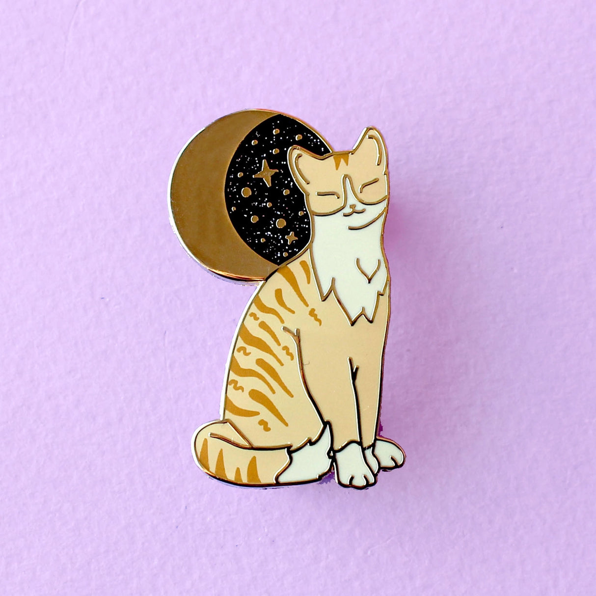Glitter Punk - Ginger Cat Enamel Pin

Due to popular demand, here is a Ginger Cat enamel pin in a classic Glitter Punk style! Made from gold hard enamel, this 36mm cat has screen printed details, and sits under a glittery moon. It is secured with two pink rubber clasps.