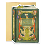 A humorous book-style greeting card that’s sure to spark a smile. This dark green and yellow vintage design features hand-illustrated chickens framed in ornate gold detailing with the playful phrase “Just chickin’ in on you.” A witty and collectible foil-pressed stationery piece that adds a touch of humor to your display.

Product Details:
- Dimensions: 5" x 7"
- Die-cut vintage book cover
- Hand-illustrated with gold foil details
- Blank interior
- Offset and foil printed
- Envelope included