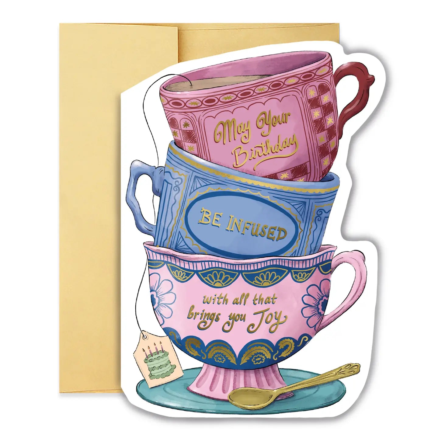 Bright, joyful, and full of heart. This colorful stack of teacups features magenta, teal, and blue hues with gold-foiled handwritten text reading “May your birthday be infused with all that brings you joy.” A tiny birthday cake appears on the teabag tag for an extra dose of delight.

Product Details:
- Dimensions: 5" x 7"
- Die-cut greeting card shaped like a stack of teacups
- Hand-illustrated with gold foil details
- Blank interior
- Offset and foil printed

Perfect for: tea lovers, Birthday celebrations,