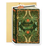 A witty book-shaped retirement card for those ready to begin their next chapter. This dark green vintage-style cover features golden palm trees and hammocks in a repeating pattern, with “Thou Art Retired” gleaming across the front in gold foil. A perfect mix of humor and elegance for celebrating well-earned rest.

Product Details:
- Dimensions: 5" x 7"
- Die-cut vintage book design
- Hand-illustrated with gold foil accents
- Blank inside
- Offset and foil printed
- Envelope included
