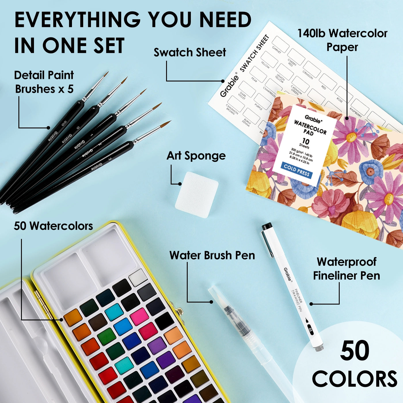 Comprehensive Color Range - Features 50 meticulously curated colors for smooth blending and rich tonal variety, ideal for daily use and diverse artistic projects. &nbsp;

Exceptional Quality - Crafted with vibrant, high-grade pigments for clarity and brilliance, ensuring true colors and effortless blending for both beginners and experienced artists.

All-in-One Set - Includes everything you need—six detail brushes, a water brush pen, a nylon flat brush, a swatch sheet, and a sponge—ensuring you have all the