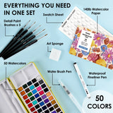 Comprehensive Color Range - Features 50 meticulously curated colors for smooth blending and rich tonal variety, ideal for daily use and diverse artistic projects. &nbsp;

Exceptional Quality - Crafted with vibrant, high-grade pigments for clarity and brilliance, ensuring true colors and effortless blending for both beginners and experienced artists.

All-in-One Set - Includes everything you need—six detail brushes, a water brush pen, a nylon flat brush, a swatch sheet, and a sponge—ensuring you have all the