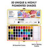 Comprehensive Color Range - Features 50 meticulously curated colors for smooth blending and rich tonal variety, ideal for daily use and diverse artistic projects. &nbsp;

Exceptional Quality - Crafted with vibrant, high-grade pigments for clarity and brilliance, ensuring true colors and effortless blending for both beginners and experienced artists.

All-in-One Set - Includes everything you need—six detail brushes, a water brush pen, a nylon flat brush, a swatch sheet, and a sponge—ensuring you have all the