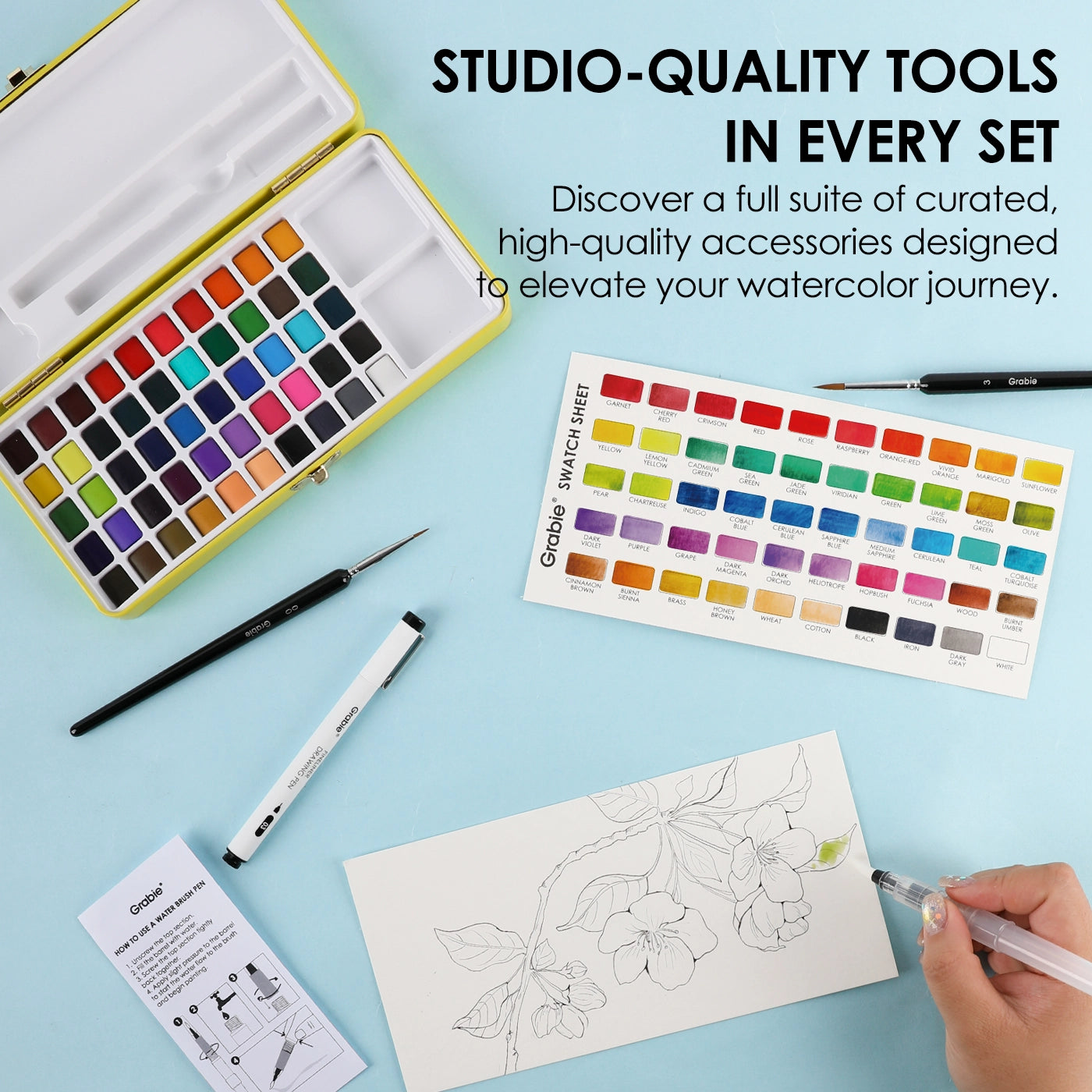 Comprehensive Color Range - Features 50 meticulously curated colors for smooth blending and rich tonal variety, ideal for daily use and diverse artistic projects. &nbsp;

Exceptional Quality - Crafted with vibrant, high-grade pigments for clarity and brilliance, ensuring true colors and effortless blending for both beginners and experienced artists.

All-in-One Set - Includes everything you need—six detail brushes, a water brush pen, a nylon flat brush, a swatch sheet, and a sponge—ensuring you have all the