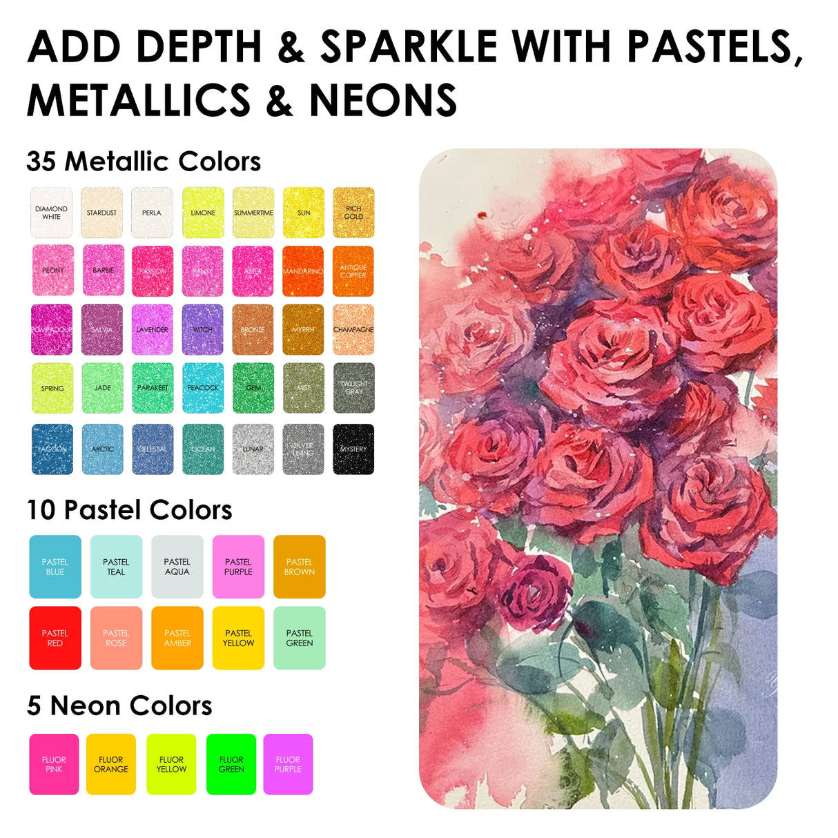 Endless Color Options - Enjoy a stunning selection of 100 vibrant shades, providing limitless choices for every artistic project and allowing for unique color combinations and gradients.

Superior Paint Quality - Formulated with high-quality, modern pigments, these watercolors deliver rich pigmentation, excellent transparency, and optimal performance for a true-to-color experience.