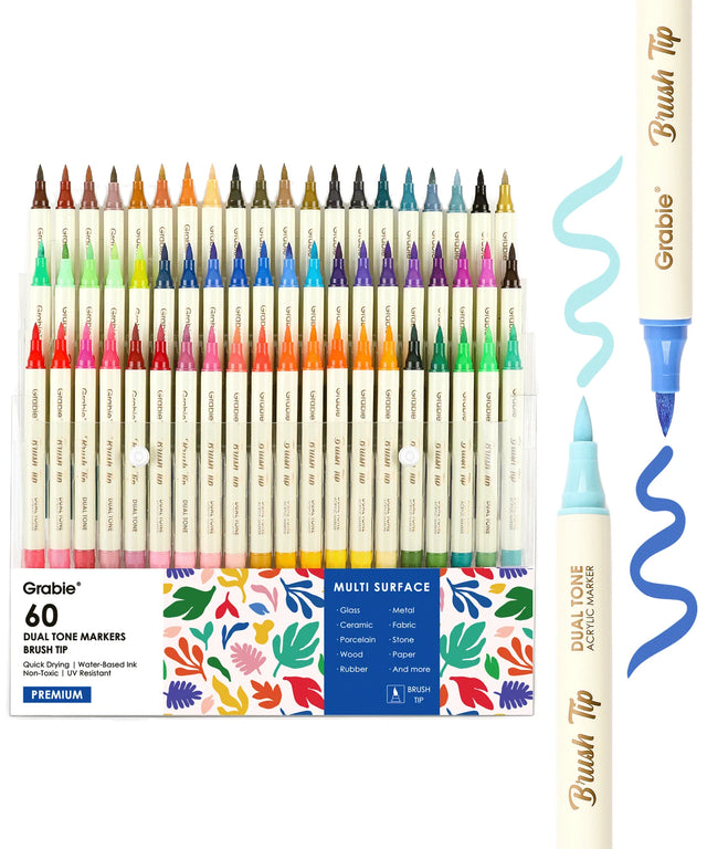 Unlock your creativity with the Grabie Dual Tip Marker Set! Experience premium Grabie Art Supplies featuring 60 dual-tip markers - among the best markers for coloring and artistic expression. Perfect for all artists, these high-quality Grabie Acrylic Brush Markers deliver stunning vibrancy and coverage.