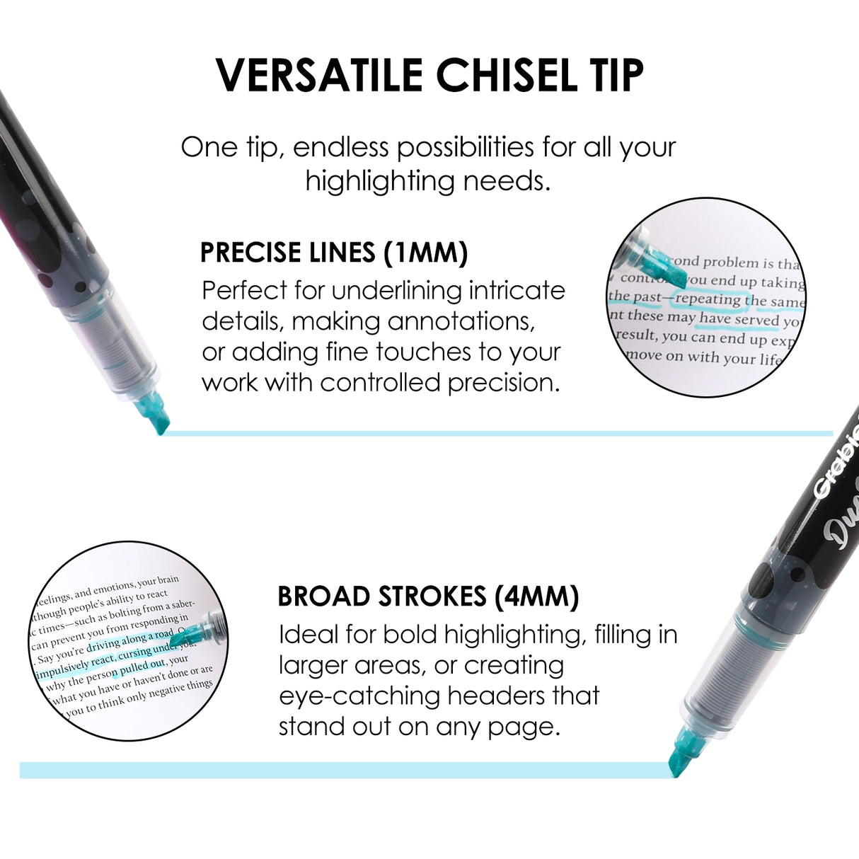 Unleash your creativity with the Grabie DuoMark Highlighter Set. This innovative set redefines highlighting by offering 20 vibrant, dual-tone colors in a compact and portable package. Designed for students, professionals, and artists alike, these highlighters are more than just a tool—they're a gateway to vivid and organized expression. Elevate your notes, journals, and art projects with a single set that offers endless possibilities. 

20 DUAL TONE COLORS - Get the ultimate color palette with a set of 10 h