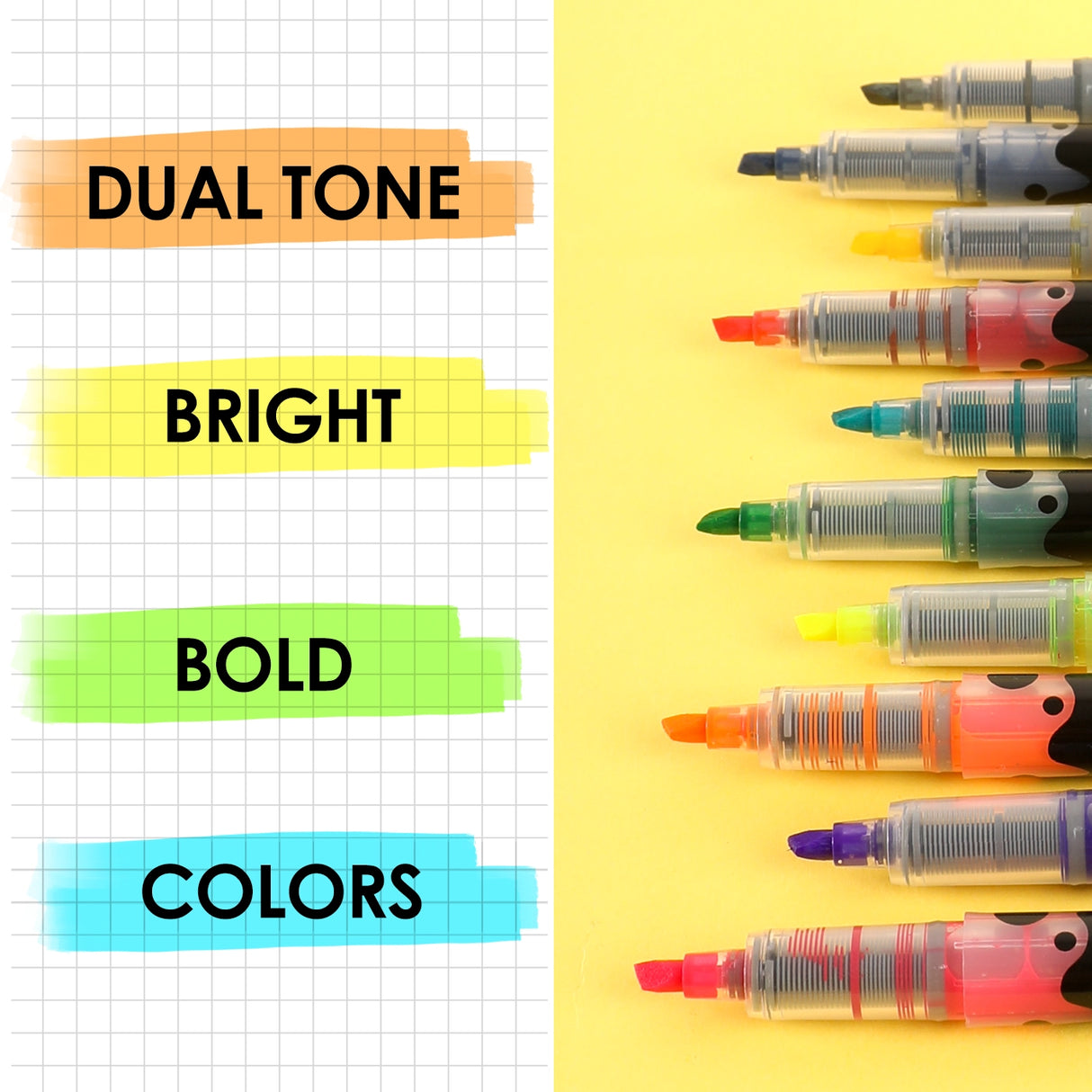 Unleash your creativity with the Grabie DuoMark Highlighter Set. This innovative set redefines highlighting by offering 20 vibrant, dual-tone colors in a compact and portable package. Designed for students, professionals, and artists alike, these highlighters are more than just a tool—they're a gateway to vivid and organized expression. Elevate your notes, journals, and art projects with a single set that offers endless possibilities. 

20 DUAL TONE COLORS - Get the ultimate color palette with a set of 10 h