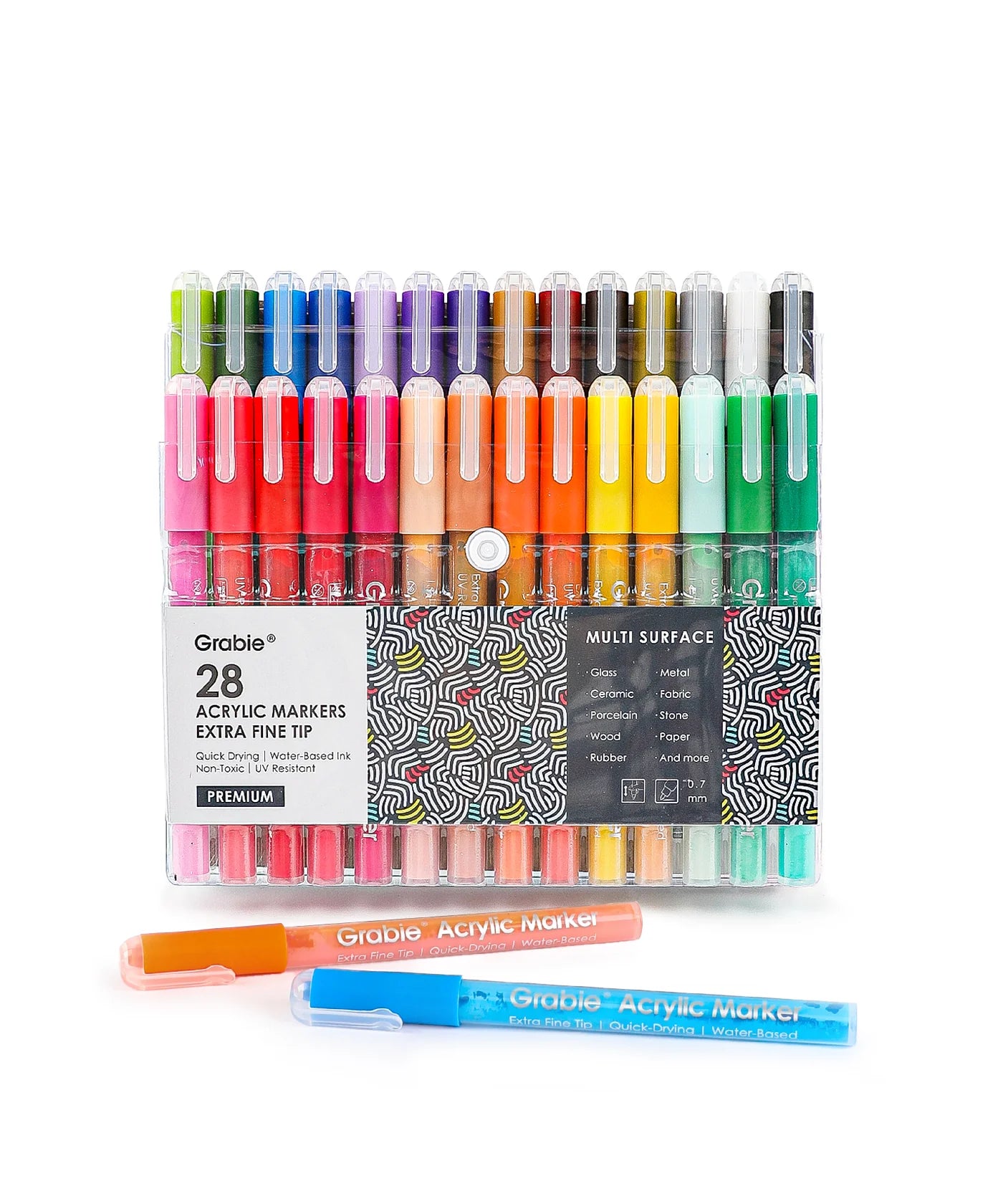 Our fine tip markers have a 0.7mm point for beautiful crisp and clean lines. A must for any artist creating drawings, technical work, or illustrations. The 28 colors are bright, quick flowing, and fast drying. Made to write practically everywhere, vivid Grabie markers eliminate dullness and boring.