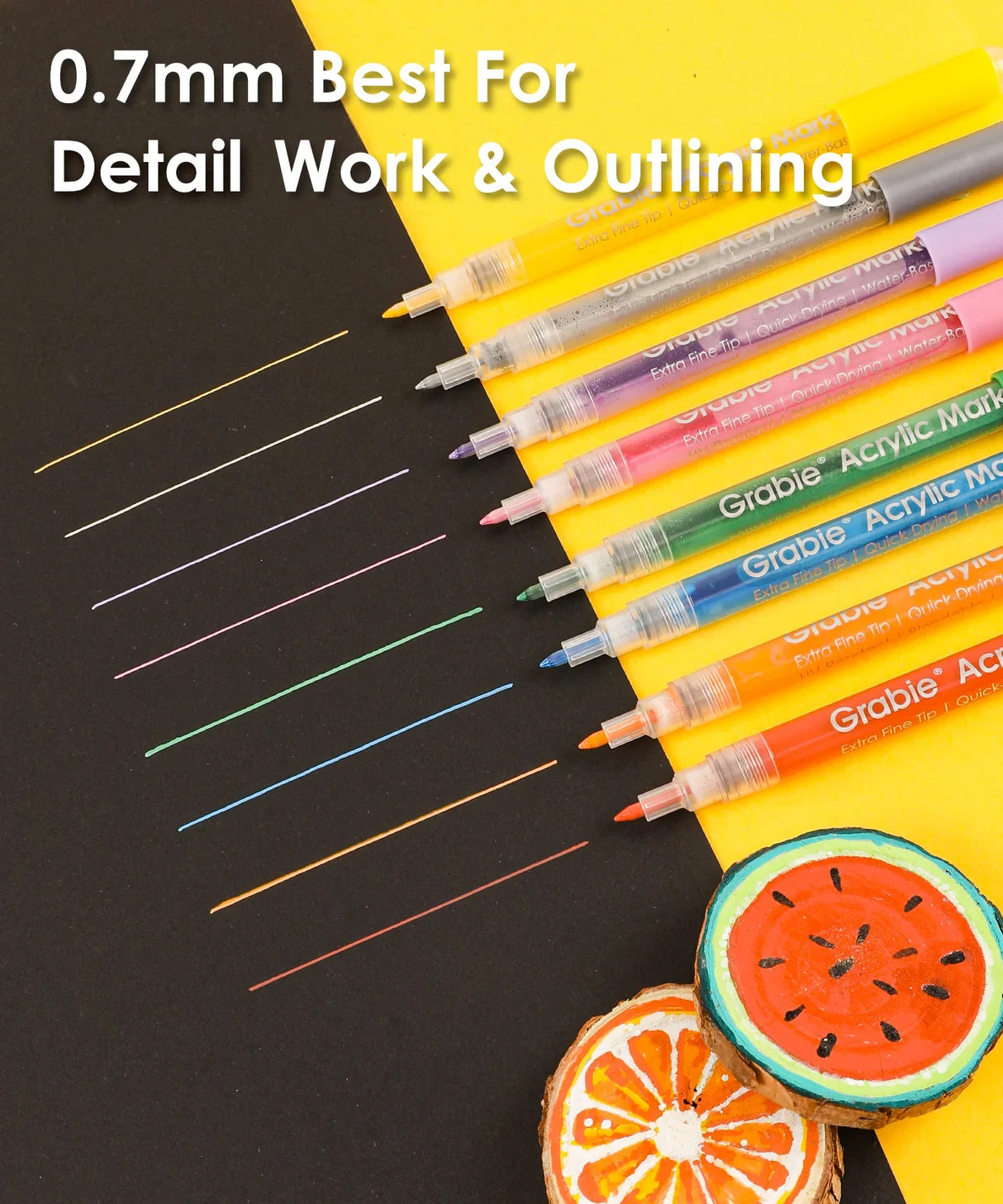 Our fine tip markers have a 0.7mm point for beautiful crisp and clean lines. A must for any artist creating drawings, technical work, or illustrations. The 28 colors are bright, quick flowing, and fast drying. Made to write practically everywhere, vivid Grabie markers eliminate dullness and boring.