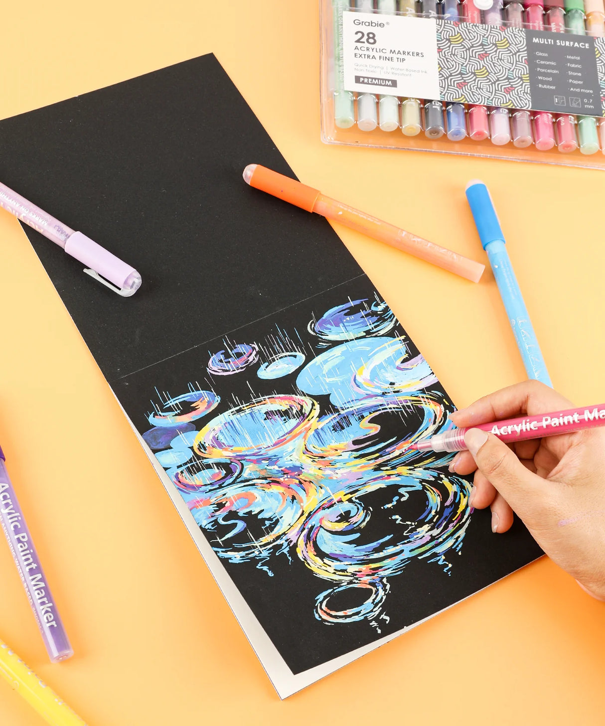 Our fine tip markers have a 0.7mm point for beautiful crisp and clean lines. A must for any artist creating drawings, technical work, or illustrations. The 28 colors are bright, quick flowing, and fast drying. Made to write practically everywhere, vivid Grabie markers eliminate dullness and boring.