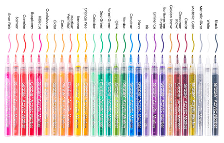 Our fine tip markers have a 0.7mm point for beautiful crisp and clean lines. A must for any artist creating drawings, technical work, or illustrations. The 28 colors are bright, quick flowing, and fast drying. Made to write practically everywhere, vivid Grabie markers eliminate dullness and boring.