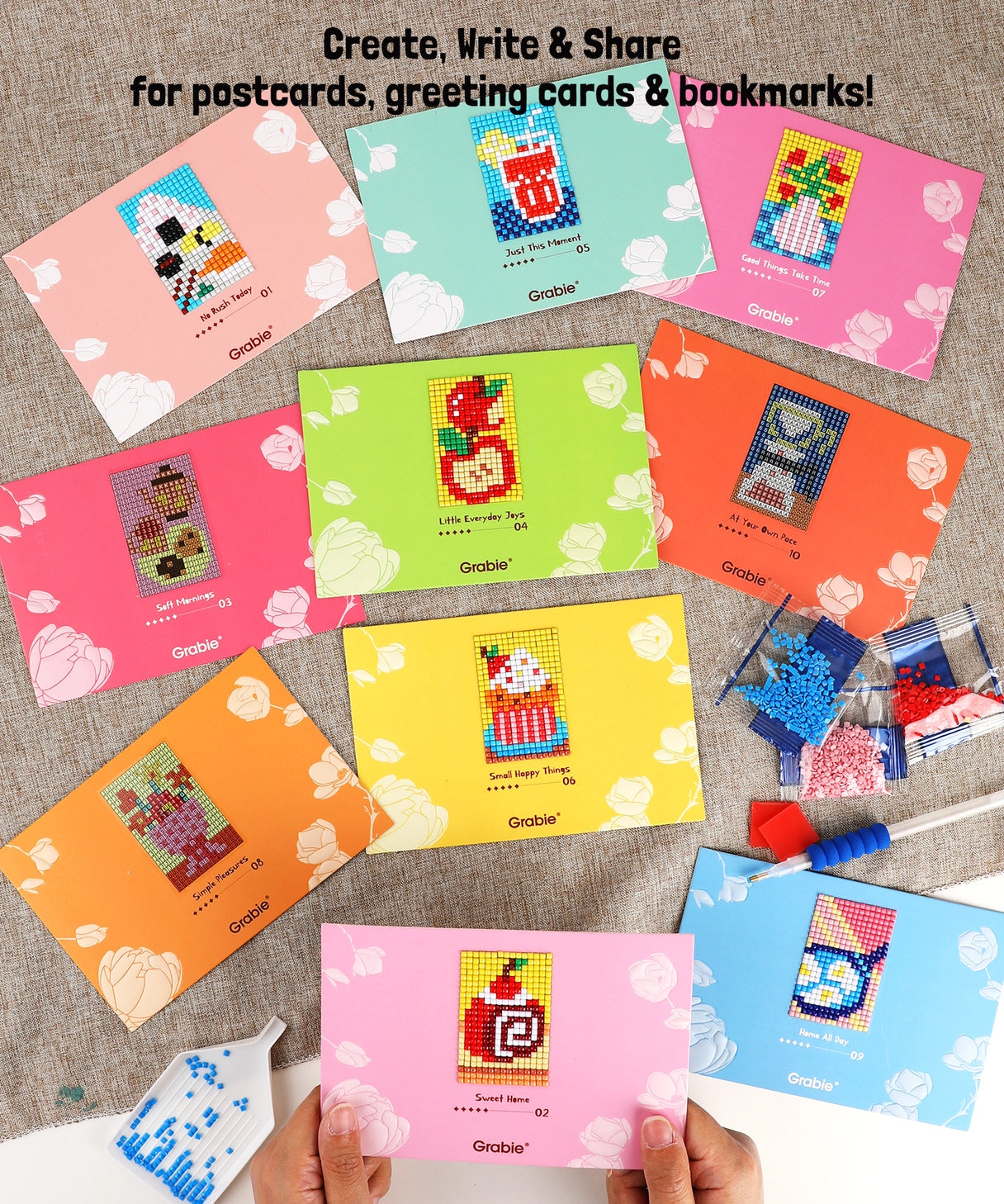 Grabie Mini Diamond Art Cards reimagine traditional diamond painting into tiny, easy-to-finish creative moments. Each beautifully designed mini artwork is placed on a sturdy postcard-size card and can be completed in about 30–45 minutes — perfect for a relaxing off-screen creative break without the commitment of a giant canvas project. Simply shake the diamonds, match the symbols, and stick the square gems one by one to create sparkling miniature artworks you can keep, gift, or share. 

 * DIAMOND ART MADE 