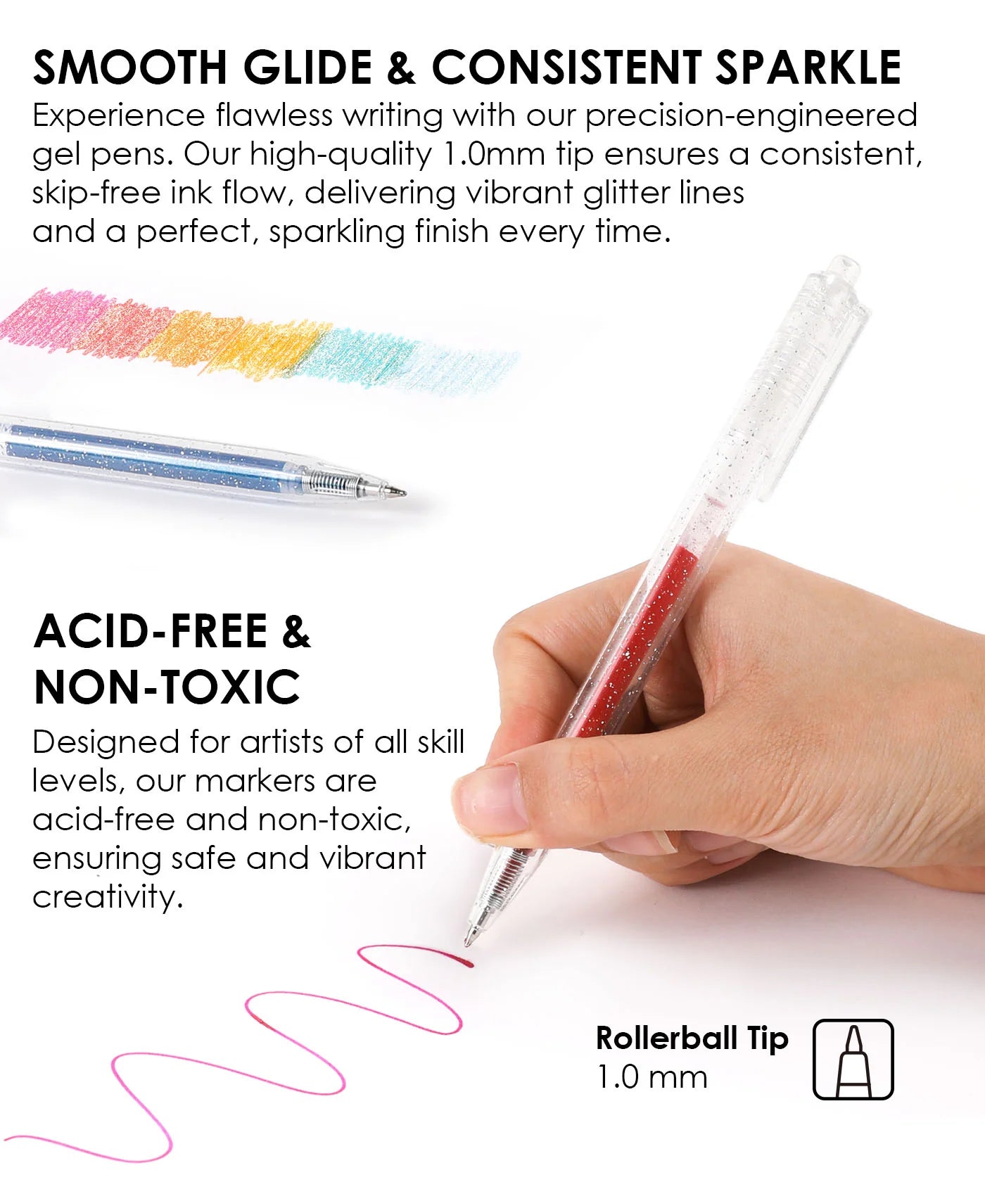Get ready to elevate your artwork with the Retractable Glitter Gel Ink Pen Set of 18. This collection delivers a dazzling spectrum of vibrant color and captivating sparkle, perfect for everything from adult coloring and journaling to intricate craft projects. Designed for immediate inspiration, these pens feature a seamless push-button design and a precision 1.0mm tip for smooth, skip-free glitter lines every time.