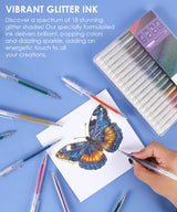 Get ready to elevate your artwork with the Retractable Glitter Gel Ink Pen Set of 18. This collection delivers a dazzling spectrum of vibrant color and captivating sparkle, perfect for everything from adult coloring and journaling to intricate craft projects. Designed for immediate inspiration, these pens feature a seamless push-button design and a precision 1.0mm tip for smooth, skip-free glitter lines every time.