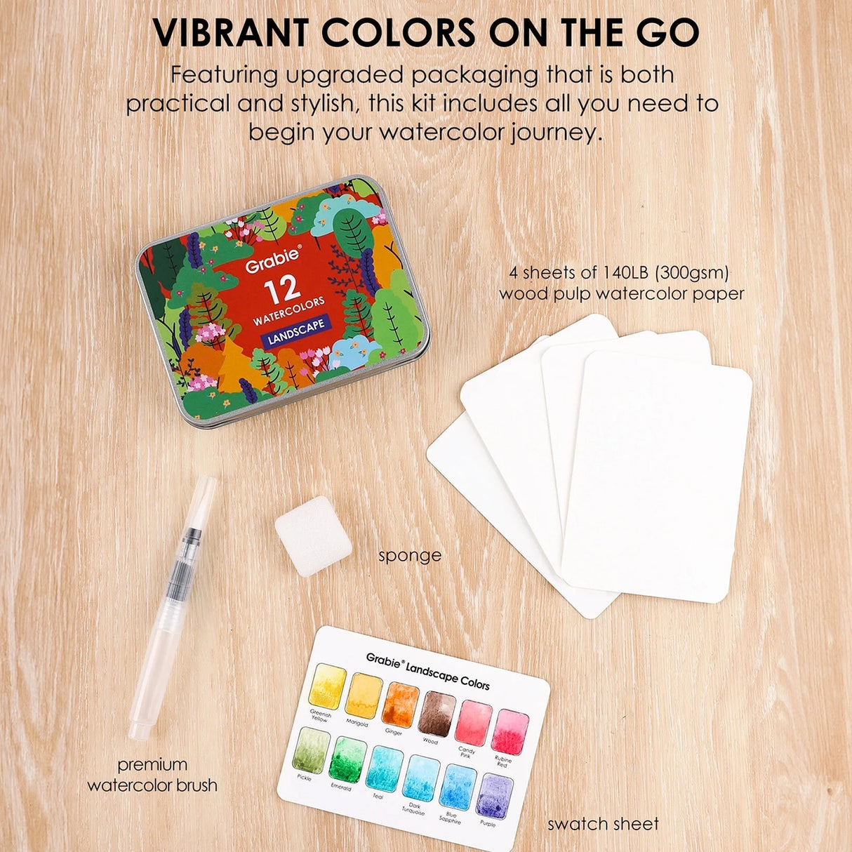 Grabie Watercolor Coloring Club Box - Landscape

A Landscape Coloring Journey – Perfect for nature lovers! This bundle includes a portable watercolor set and a beautifully illustrated coloring book, ideal for all skill levels. Enjoy a relaxing coloring experience.

Perfect Pairing for Nature Lovers – Thoughtfully designed, this set features a 12-color watercolor pocket set, curated with shades that capture the essence of nature, and a 15-sheet, 140LB landscape-themed watercolor coloring book. 