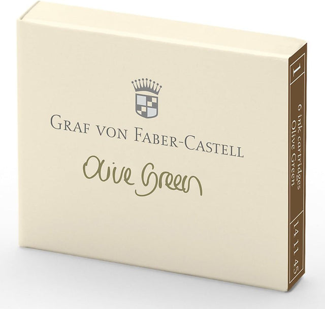 Each pack of Graf Von Faber-Castell cartridges come with 6 ink cartridges. These inks are document proofed: smudge-resistant, reproducible, light-fast and waterproof, cannot be erased and is resistant to many chemicals and solvents. Highest-quality ingredients.

Each cartridge is 0.86 ml.&nbsp;
6 ink cartridges