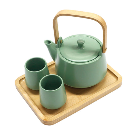 Teapot Size: 5.5"H Capacity: 22 fl oz
Cups Size: 2.4"H Capacity: 3 fl oz
Teapot comes with stainless steel strainer and wooden tray
Material: Porcelain
Origin: China