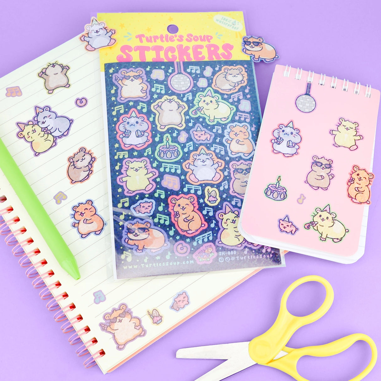 🐢 Our Kiss Cut Sticker Sheets are 4 inches by 6 inches and include one (1) sheet per package, with 10 to 20 individual waterproof, stickers on each.&nbsp;

🐢 Each sheet is enclosed in a sleeve with an art backing card and are retail-ready!

🐢 Stick them on water bottles, laptops, cars, coolers, helmets, skateboards, or just about any flat surface you can think of.&nbsp;