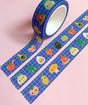 'Kitchen Club' washi tape roll, 15mm H x 10m L, in a recyclable card box.

Cute collection of fruit and veggie pals on a wobbly-check blue background.