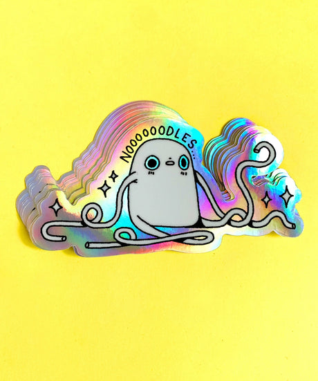 "Noodles" Vinyl Sticker made from Hannakin illustration with holographic accents (background) and shiny gloss finish.

Made from a durable waterproof vinyl with a matte laminate that protects it from scratching, rain and sunlight.