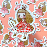 "Twiggy" Vinyl Sticker made from Hannakin illustration.

Made from a durable vinyl with a laminate that protects it from scratching, rain and sunlight.

Sticker measures 45mm x 65mm.