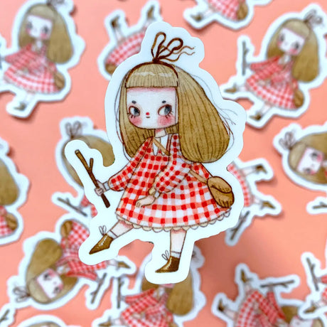 "Twiggy" Vinyl Sticker made from Hannakin illustration.

Made from a durable vinyl with a laminate that protects it from scratching, rain and sunlight.

Sticker measures 45mm x 65mm.