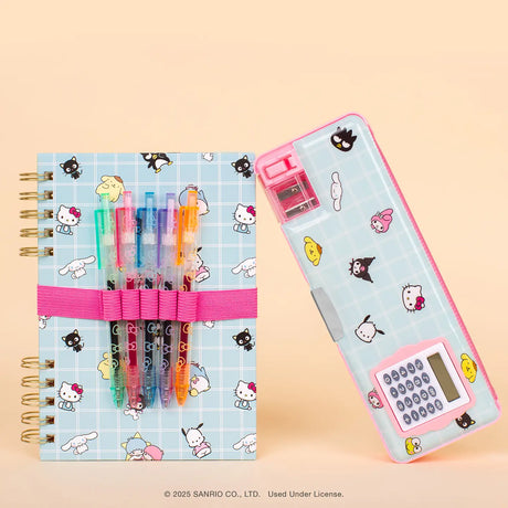 Travel back in time with this multifunctional pencil case, featuring adorable Hello Kitty and Friends artwork. With a built-in calculator, pencil sharpener, and dual compartments for extra storage, this case is as practical as it is cute. Each side holds up to five pens or pencils, plus erasers, paper clips, and more—keeping everything organized and in place with secure magnetic closures. It's the perfect blend of classic charm and everyday function! © 2025 SANRIO CO., LTD. Used Under License.