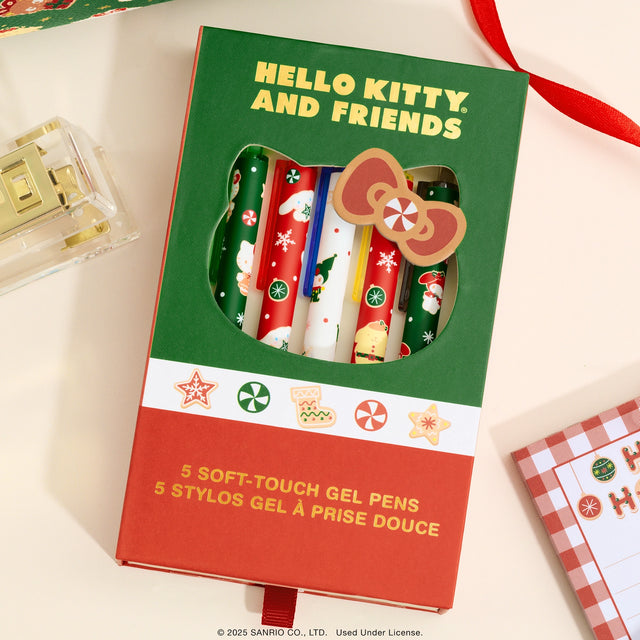 Unleash your imagination with these festive Hello Kitty® and Friends gel pens! This set features five cute, coordinating pens, each with an adorable holiday design on the barrel. The pens feature a 0.7 mm tip for creating medium-thick lines and have smooth-flowing ink in five different colors: green, yellow, blue, red, and black. The soft-touch barrels ensure an extra comfortable grip whether you’re taking notes, making lists, doodling, or planning your schedule. Plus, they make the perfect Christmas gift.
