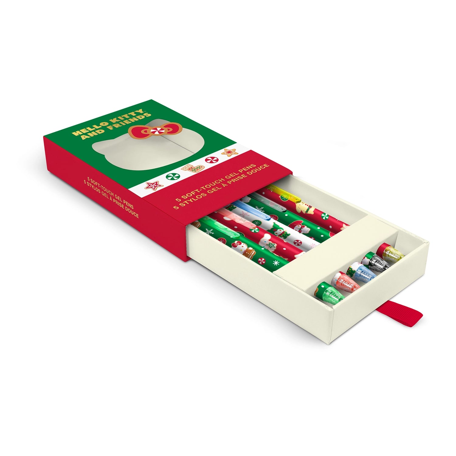 Unleash your imagination with these festive Hello Kitty® and Friends gel pens! This set features five cute, coordinating pens, each with an adorable holiday design on the barrel. The pens feature a 0.7 mm tip for creating medium-thick lines and have smooth-flowing ink in five different colors: green, yellow, blue, red, and black. The soft-touch barrels ensure an extra comfortable grip whether you’re taking notes, making lists, doodling, or planning your schedule. Plus, they make the perfect Christmas gift.
