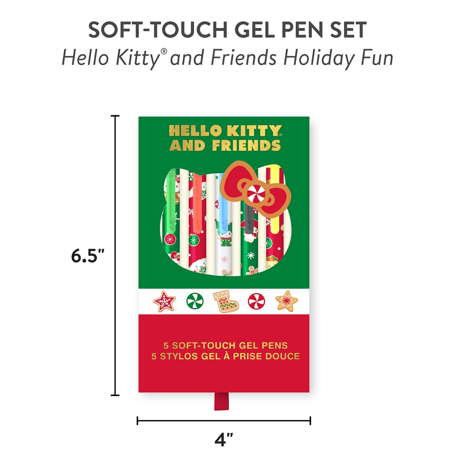 Unleash your imagination with these festive Hello Kitty® and Friends gel pens! This set features five cute, coordinating pens, each with an adorable holiday design on the barrel. The pens feature a 0.7 mm tip for creating medium-thick lines and have smooth-flowing ink in five different colors: green, yellow, blue, red, and black. The soft-touch barrels ensure an extra comfortable grip whether you’re taking notes, making lists, doodling, or planning your schedule. Plus, they make the perfect Christmas gift.