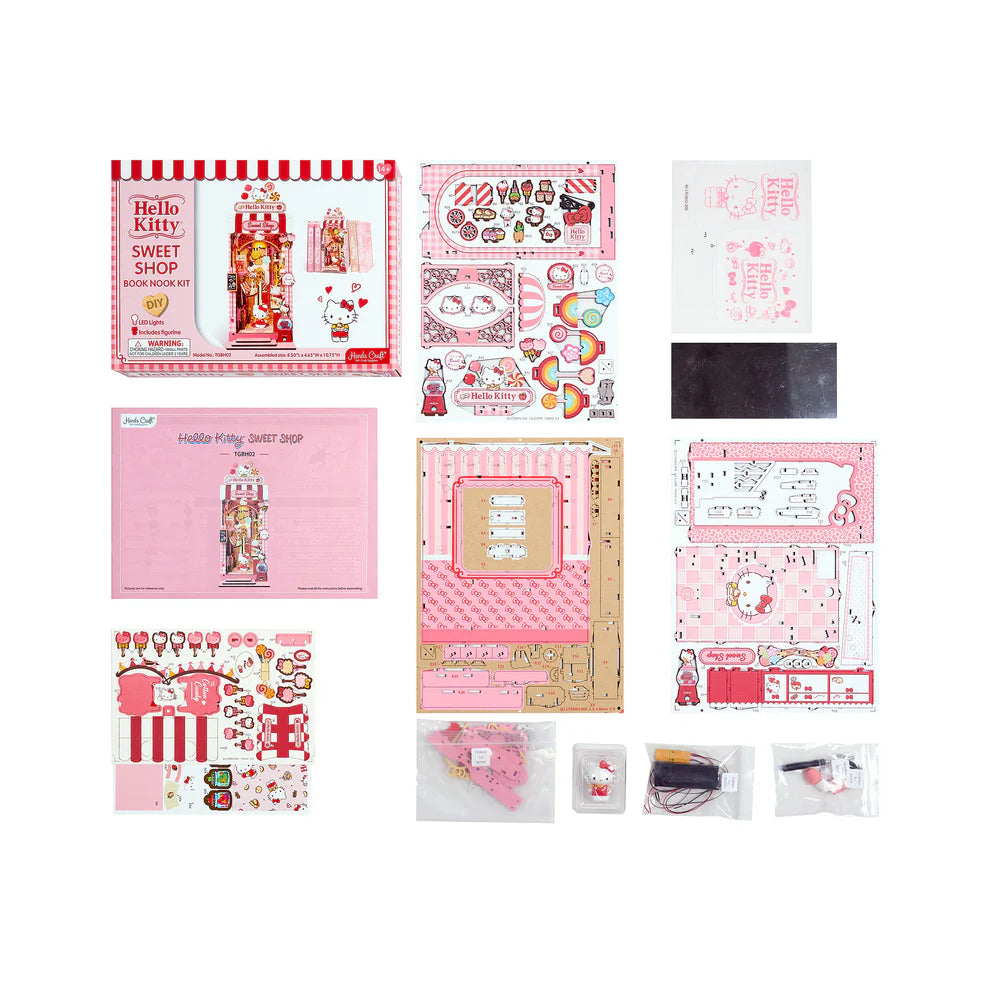Step into a sugary dream with this irresistibly charming book nook kit, featuring Hello Kitty herself in a candy shop that's overflowing with sweetness and delight! From candy jars lining the shelves to pastel goodies peeking out from every corner, this magical miniature world is bursting with adorable, mouthwatering details.
And the showstopper? A dazzling lollipop chandelier that hangs like a crown jewel above the shop, casting a whimsical glow over the entire scene. It's a heart-melting centerpiece that 